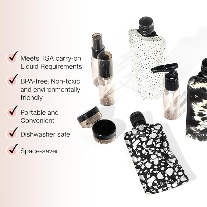 Kitsch 11 PCS Travel Bottles for Toiletries – Travel Essentials Kit for Shampoo, Conditioner, Lotion & More - TSA Approved Travel Bottles, Leak-Proof Refillable Travel Size Containers - Black & Ivory