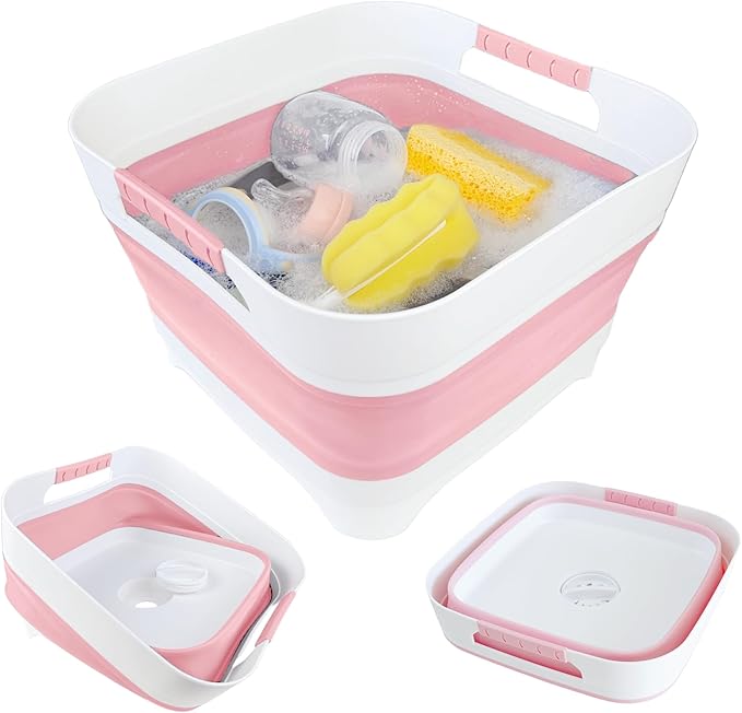 Wash Basin for Baby Bottles, Foldable, Versatile Wash Tub for Kitchen, RV, Outdoor Camping Sink, Sturdy & Easy to Clean, Space saving plastic dish tub (Pink)