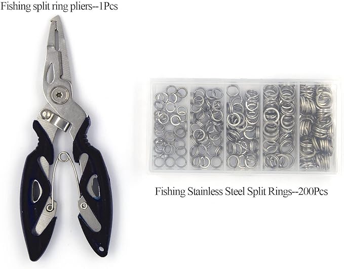 Pack of 201pcs Fishing Stainless Steel Split Rings 5 Sizes and Plier Set, Split Ring Capable of withstanding Large tensile Force and Fishing Plier Tool Kit for Saltwater Fishing Lure Connectors…