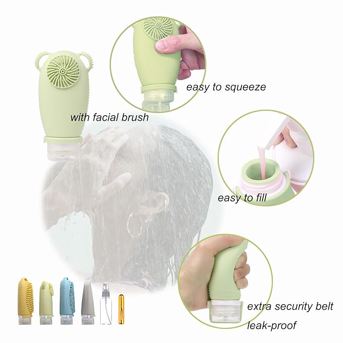 Squeezable Silicone Travel Bottles for Toiletry Leakproof TSA Approved Travel Size Container Multi-functional Travel Essentials with Facial Brush Body Scrub Scalp Massage