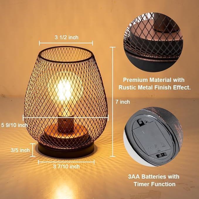DECORKEY Set of 6 Battery Operated Lamp LED Table Lantern, Brown Metal Cage Cordless Lamps with LED Bulb,Vintage Decorative Outdoor Lantern for Weddings, Parties, Patio, Events for Indoors Shelf Decor