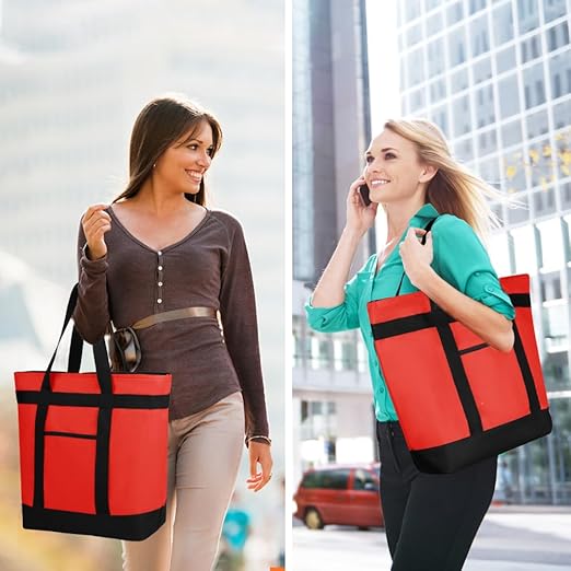 Insulated Reusable Tote Bag for Grocery Shopping for Women, Pizza/Food Delivery Bag to Keep Food Cold/Hot for Uber Eats/Doordash/Grubub, Cooler bags for Travel/Beach/Picnic, Red