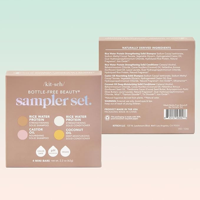 Kitsch 4pc Sampler Solid Shampoo and Conditioner Set - Rice Bar & Castor Oil Shampoo and Rice Bar & Coconut Oil Deep-Moisturizing Hair Conditioner, Zero Waste