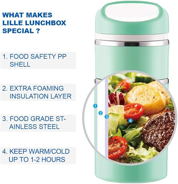 Lille Home Stackable Stainless Steel Thermal Compartment Lunch/Snack Box, 3-Tier Insulated Bento/Food Container with Lunch Bag, and Three Extra Seals, 43OZ