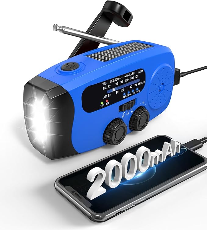 Emergency Hand Crank Radio Emgykit - 2000mAh/7400mWh AM/FM/NOAA Solar Hand Crank Emergency Radio with 3 LED Flashlights, SOS Function for Emergencies, Camping - Blue