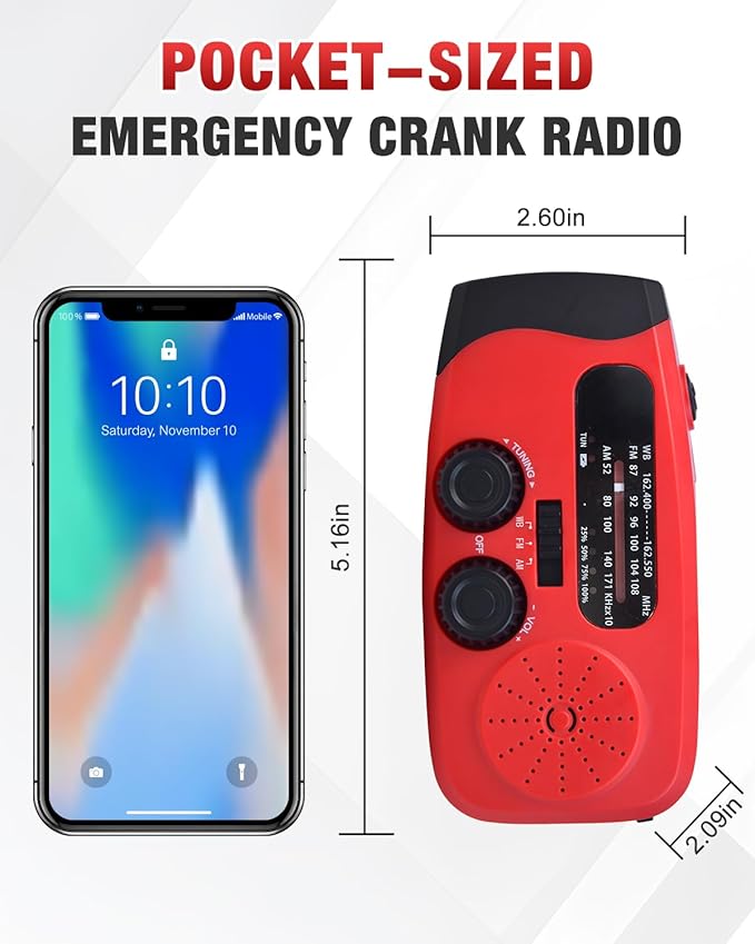 Hand Crank Emergency Radio - 2000mAh/7400mWh AM/FM/NOAA Solar Hand Crank Emergency Radio with 3 LED Flashlights, SOS Function for Emergencies, Camping - Red