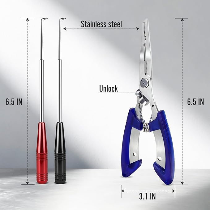 Fish Hook Remover Tool & Fishing Pliers Kit – 2 Stainless Steel Hook Removers + 1 Split Ring Pliers, Quick & Safe Use, Non-Slip Handle, Magnetic Tip, Salt & Freshwater Fishing, Men’s Gift