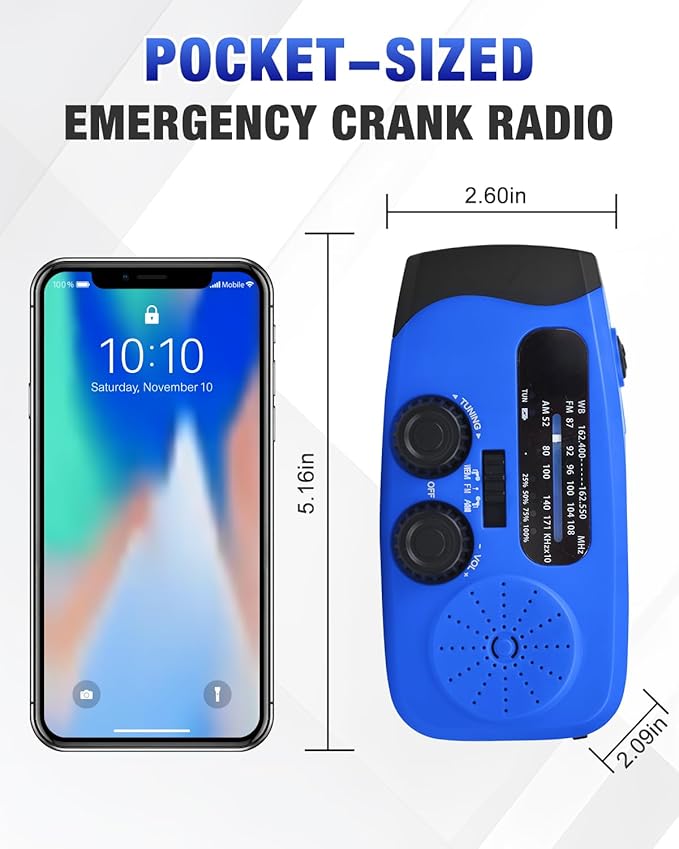 Emergency Hand Crank Radio Emgykit - 2000mAh/7400mWh AM/FM/NOAA Solar Hand Crank Emergency Radio with 3 LED Flashlights, SOS Function for Emergencies, Camping - Blue