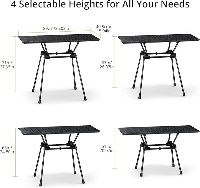 3ft Stable Camping Table, 4 Adjustable Height Lightweight Aluminum Roll Up Camping Table with Carrying Bag, Waterproof, for Garden, Picnic, Outdoor, Travel, Backyard, Beach, 35” X 16”, Black