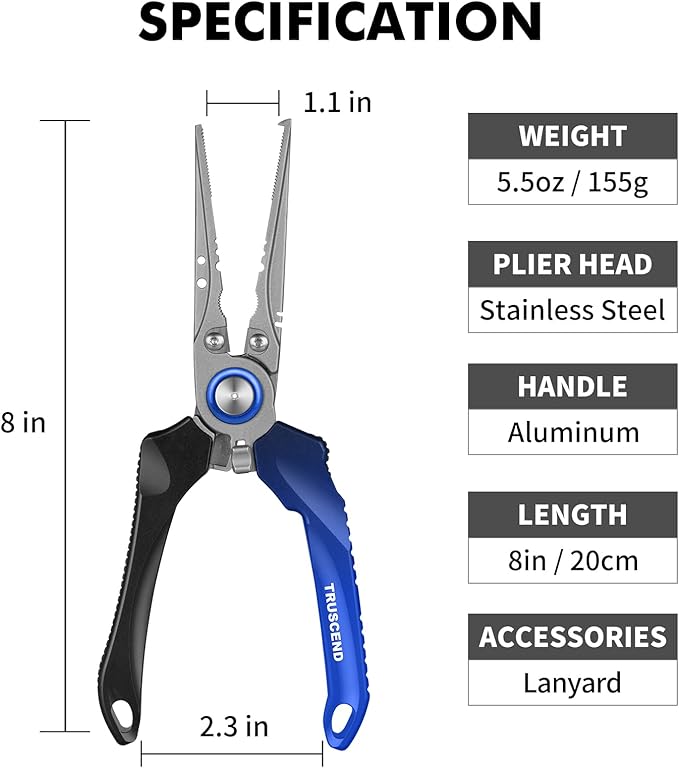 TRUSCEND Lockable Handy Fishing Pliers with Innovative Ergonomic Handle, Saltwater Corrosion Resistant Teflon Coated Fishing Tool, Multi-Function Fishing Gear with Mo-V Cutter