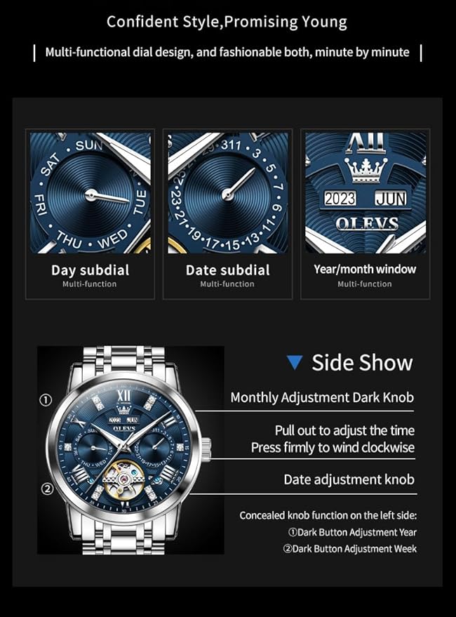 OLEVS Mens Automatic Watches Gold Luxury Diamond Dress Self Winding Mechanical Skeleton Tourbillon Stainless Steel Wrist Watch