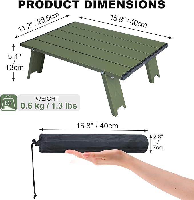 Small Folding Beach Table, Mini Ultralight Camping Table Aluminum, Backpacking Short Table, Green