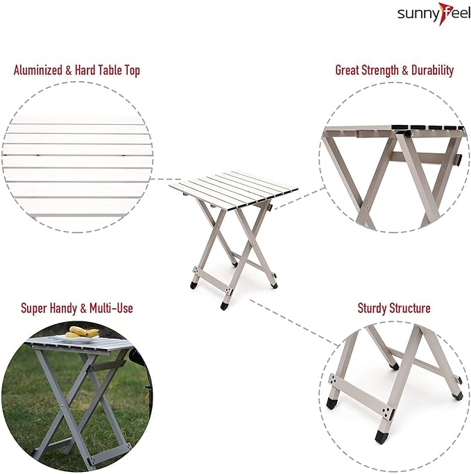 SUNNYFEEL Folding Camping Table - Lightweight Aluminum Portable Picnic Table, 18.5x18.5x24.5 Inch for Cooking, Beach, Hiking, Travel, Fishing, BBQ, Indoor Outdoor Small Foldable Camp Tables