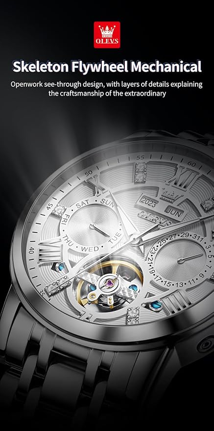 OLEVS Mens Automatic Watches Gold Luxury Diamond Dress Self Winding Mechanical Skeleton Tourbillon Stainless Steel Wrist Watch