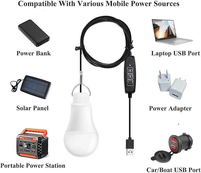 Taysing USB Light,USB Lamp,Camping Lights,7W Dimmable Hanging Portable Emergency Light Tent Lights for Power Station Solar Panel Charger Power Bank Power Outage Camping Outdoor Hurricane,2 Pack 5000K