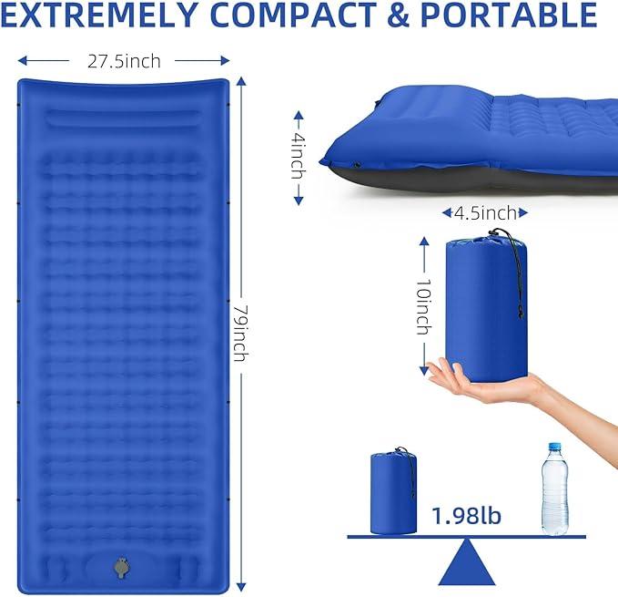 Camping Sleeping Pad, Extra Thick 5 Inch Camping Mat with Pillow Built-in Foot Pump Inflatable Sleeping Pads Compact for Camping Backpacking Hiking Traveling Tent(Blue Grey)