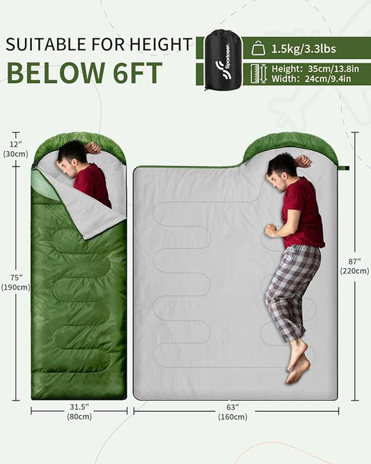 Sportneer Sleeping Bags for Adults, Warm & Cold Weather Sleeping Bag for Adults Kids Boys Girls - Lightweight Compact Camping Gear Equipment, Traveling, Backpacking, Hiking