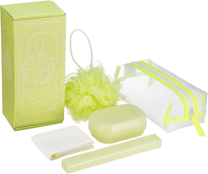 Travel Essentials 5 Piece Bath Accessory Kit, Bath Accessories with Toiletry Bag, Doop Kit (Lime)