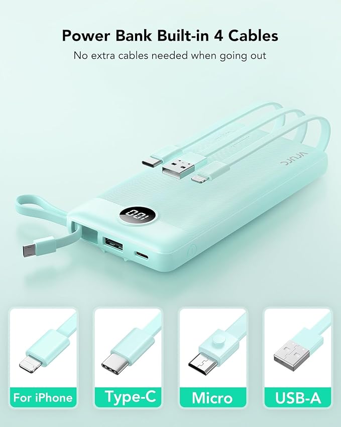 VRURC Portable Charger Power Bank, 10000mAh Travel Essentials Battery Pack, 5 Outputs 2 Inputs Slim Charging Bank Built-in Cables Cords Wires Compatible with iPhone,Samsung,Android-Green(1 Pack)