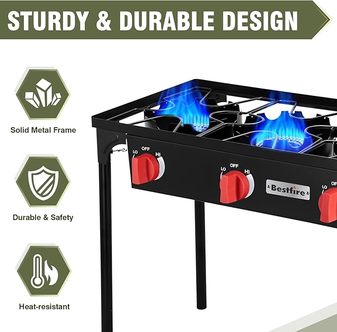Bestfire 3 Burners Camping Stove for Cooking Outdoor, 225,000 BTU Propane Burners with Ignition wire&Removable Legs, Temperature Control Knobs and 20 PSIG High Pressure Regulator for BBQ
