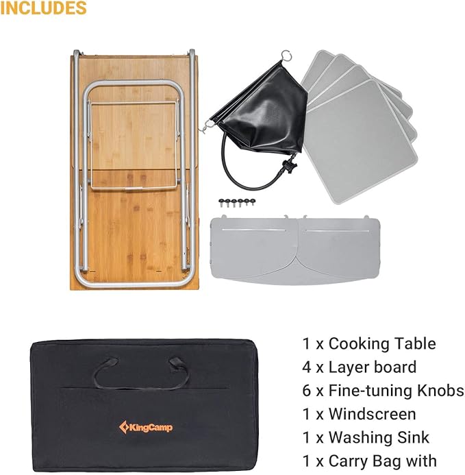 KingCamp Bamboo Camp Kitchen Station, Folding Overland Camping Kitchen Table Hooks Portable Outdoor Cooking with Adjustable Lantern Pole & Windshield Storage Organizer for Tailgating BBQ Picnic RV