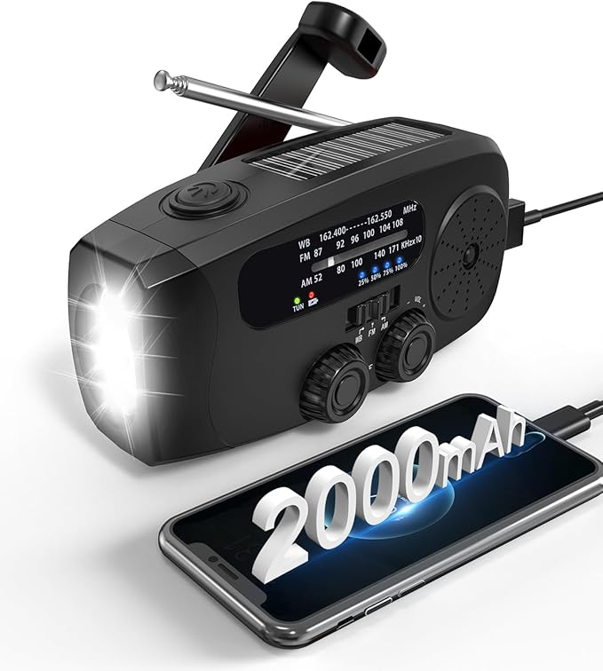 Emergency Hand Crank Radio Emgykit - 2000mAh/7400mWh AM/FM/NOAA Solar Hand Crank Emergency Radio with 3 LED Flashlights, SOS Function for Emergencies, Camping - Black