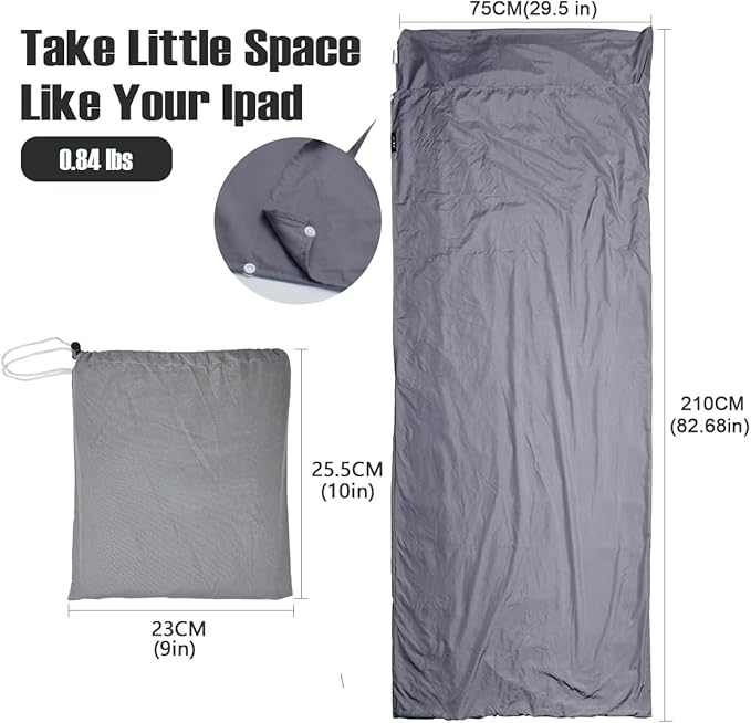 Lightweight Sleeping Bag Liner Single & Double Camping Travel Sleep Sack for Backpacking Hotels & Hostels Grey