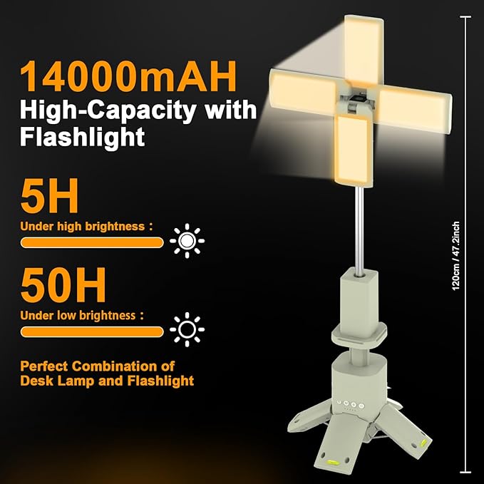 Rechargeable LED Camping Light, Telescopic Portable Work Light with 14000mAh Battery & Flashlight & 4 Panels & Magnetic Stand, Stepless Dimmable Camping Lantern for Outdoor, Power Outage, Emergency