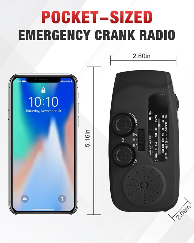 Emergency Hand Crank Radio Emgykit - 2000mAh/7400mWh AM/FM/NOAA Solar Hand Crank Emergency Radio with 3 LED Flashlights, SOS Function for Emergencies, Camping - Black