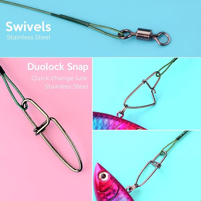 Fishing Leaders, Fish Line Stainless Steel Wire with Swivels Snap Connect Fishing Gear and Equipment Tackle Kit, for Lures Bait Rig Or Hooks, Fishing Gift