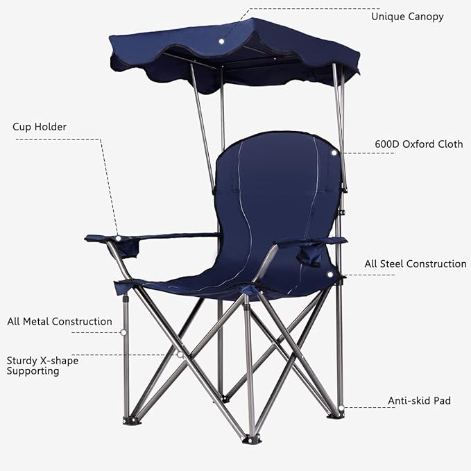 GYMAX Camping Chair, Folding Outdoor Lawn Chair with Canopy, Carry Bag & Cup Holder, Portable Heavy Duty Camp Chair for Outside Travel, Picnic, Beach Soccer Chairs