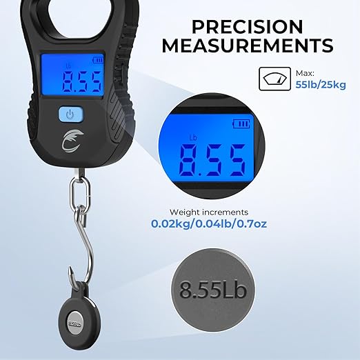 Calamus Lightweight Fish Scale & Lip Grip Combo, Rechargeable Digital Scale with USB Cable, 55lb Capacity, Lip Gripper with Soft Retractable and Detachable Measuring Tape, Fishing Gifts for Men