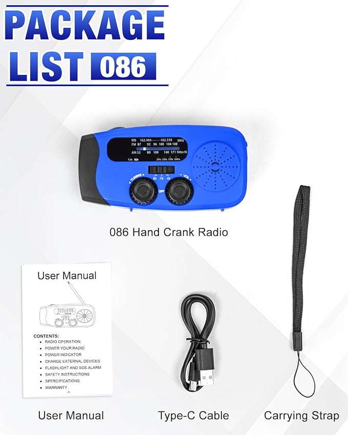 Emergency Hand Crank Radio Emgykit - 2000mAh/7400mWh AM/FM/NOAA Solar Hand Crank Emergency Radio with 3 LED Flashlights, SOS Function for Emergencies, Camping - Blue