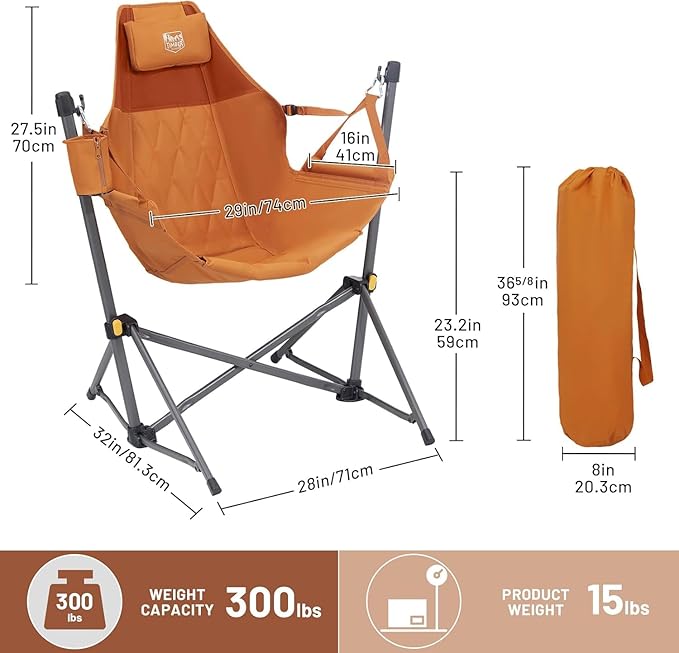 Timber Ridge Hammock Camping Chair with Adjustable Backrest, Heavy Duty Folding Hammock Chair Supports 300lbs, Portable Hammock Chair for Camping, Travelling and Patio, Orange