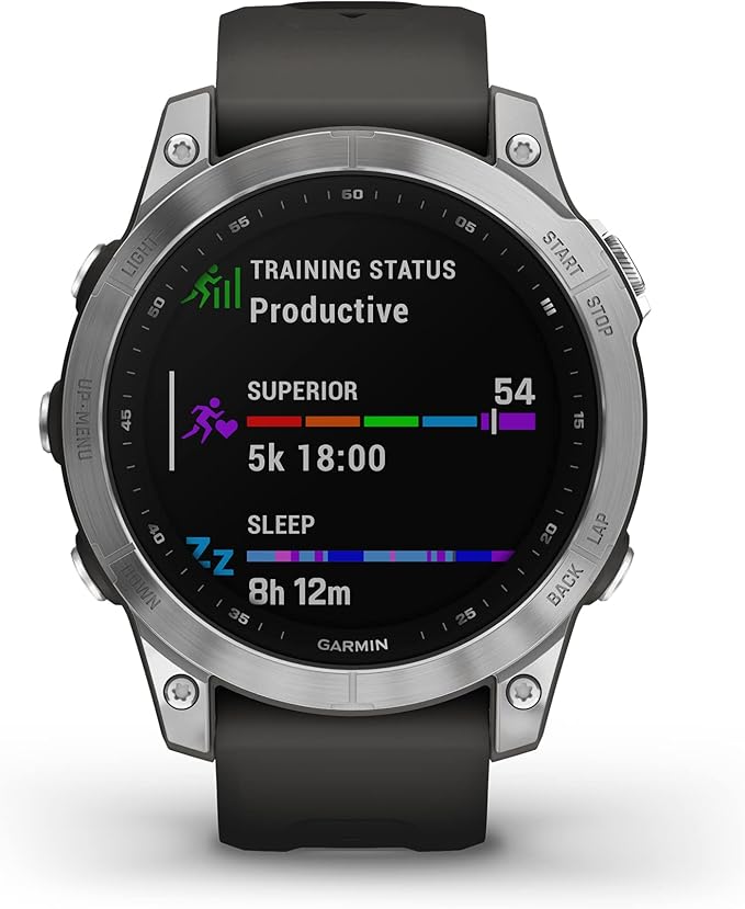 Garmin Fenix 7, Adventure smartwatch, Rugged Outdoor Watch with GPS, Touchscreen, Health and Wellness Features, Silver with Graphite Band - 010-02540-00