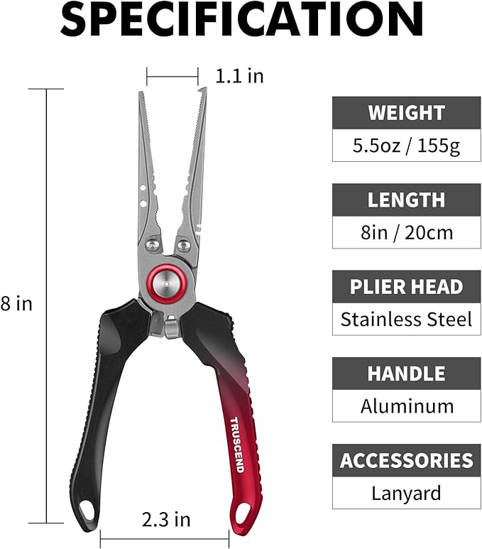 TRUSCEND Lockable Handy Fishing Pliers with Innovative Ergonomic Handle, Saltwater Corrosion Resistant Teflon Coated Fishing Tool, Multi-Function Fishing Gear with Mo-V Cutter