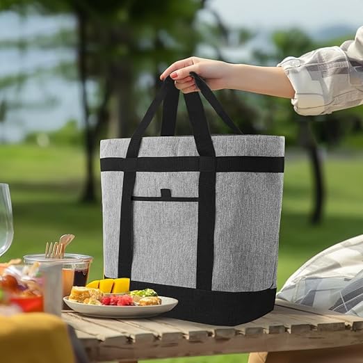 Soft Insulated Cooler Bag for Beach, Travel, Waterproof Large Reusable Insulated Cooler Tote Bag, Thermal Bag to Keep Foods Frozen, Cold and Hot, Groceries Shopping Bags with Zippered, Grey