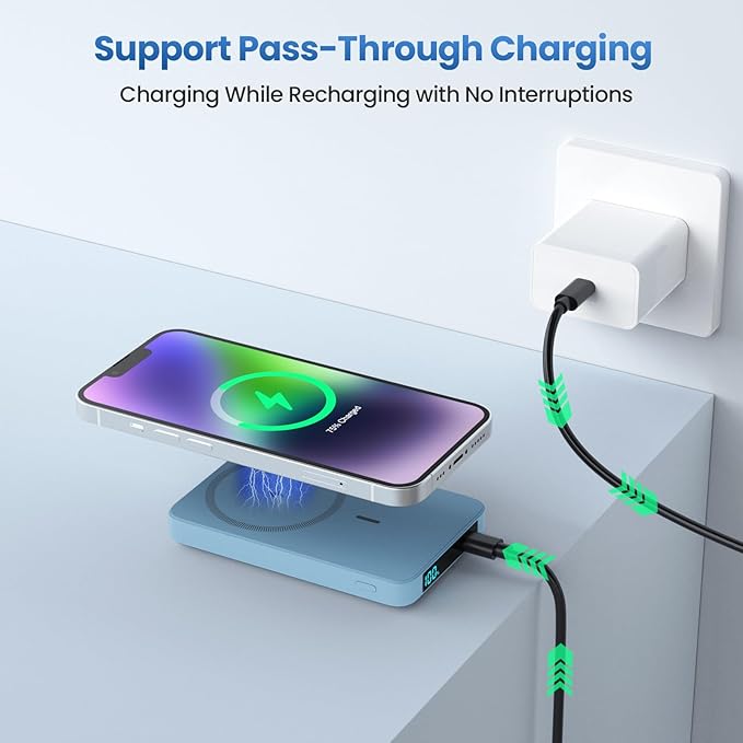 Magnetic Portable Charger Power Bank,Compact 10800mAh LCD Display Wireless Portable Charger,20W PD USB-C in&out Battery Pack Compatible with Magsafe,iPhone 15/15 Plus/15 Pro Max/14/13/12 Series-Blue