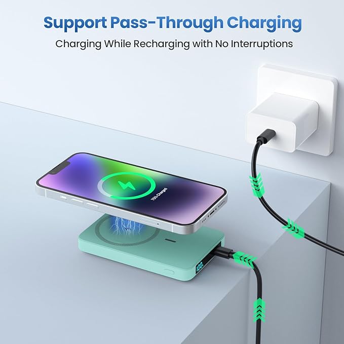 Magnetic Portable Charger Power Bank,Compact 10800mAh LCD Display Wireless Portable Charger,20W PD USB-C in&out Battery Pack Compatible with Magsafe,iPhone 15/15 Plus/15 Pro Max/14/13/12 Series-Green