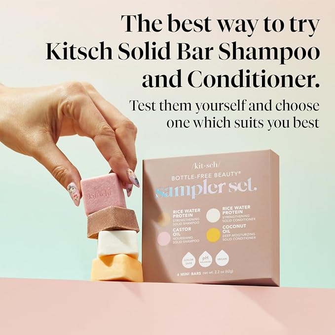 Kitsch 4pc Sampler Solid Shampoo and Conditioner Set - Rice Bar & Castor Oil Shampoo and Rice Bar & Coconut Oil Deep-Moisturizing Hair Conditioner, Zero Waste