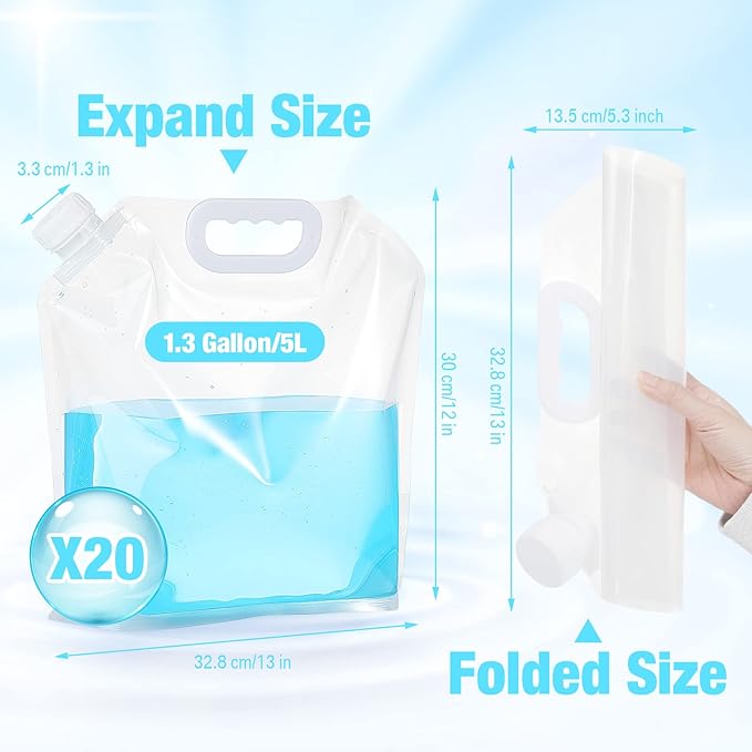 Zubebe 20 Pcs x 1.3 Gallon Collapsible Water Emergency Container Bag 26 Gallon Freezable BPA Free Food Grade Clear Plastic Storage Foldable Bottle for Camping Riding