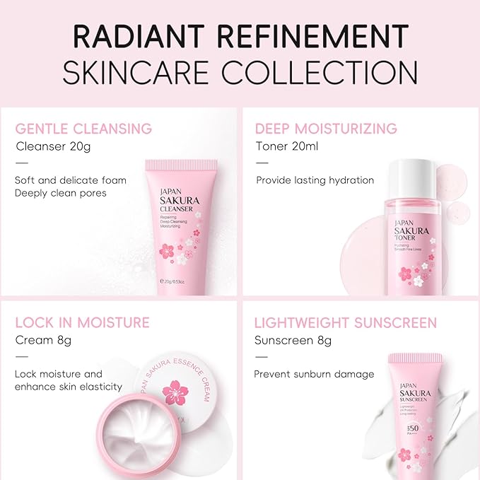 Skincare Kit Sakura Teen Girls Gifts - Skin Care Set Travel Size Toiletries - Sakura Skin Care for Teens 10-12 Hydrating - Teen Facial Kit Gift Set for Women with Bunny Headband(12PCS)