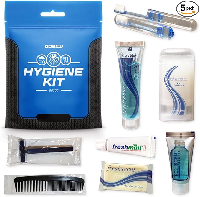 Travel Toiletry Kit, Hygiene Kit with Shaving Supplies for Travel, Business & Charity with Reusable Toothbrush, Bath Soap & Other Essential Toiletries, 5-Pack