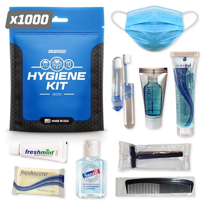 Ultimate Travel Toiletry Kit & PPE Kit, Hygiene Kit with Shaving Supplies & PPE for Travel, Business & Charity with Reusable Toothbrush, Soap, Other Essential Toiletries, 1000-Pack (GO200)