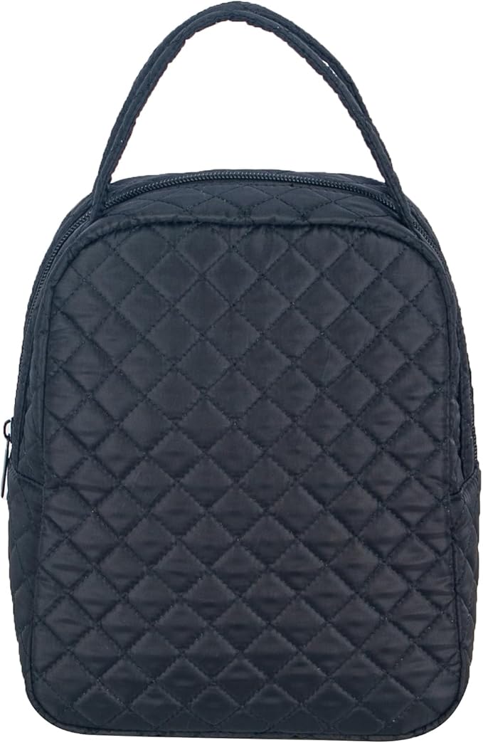 Machine Washable Women Quilted Fabric Insulated Reusable Cooler Lunch Bag Tote Adult Thermal Lunch Box Storage Bag for Work (Black)