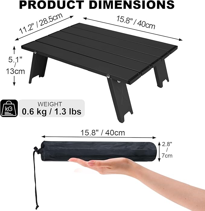 Black Small Folding Beach Table, Mini Ultralight Camping Table Aluminum, Backpacking Short Table