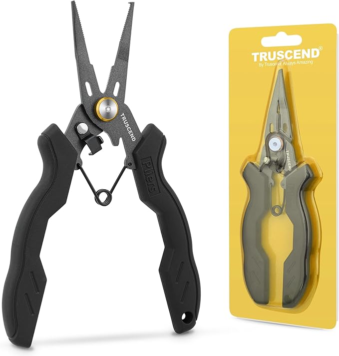 TRUSCEND Lockable Handy Fishing Pliers with Innovative Ergonomic Handle, Saltwater Corrosion Resistant Teflon Coated Fishing Tool with Mo-V Cutter