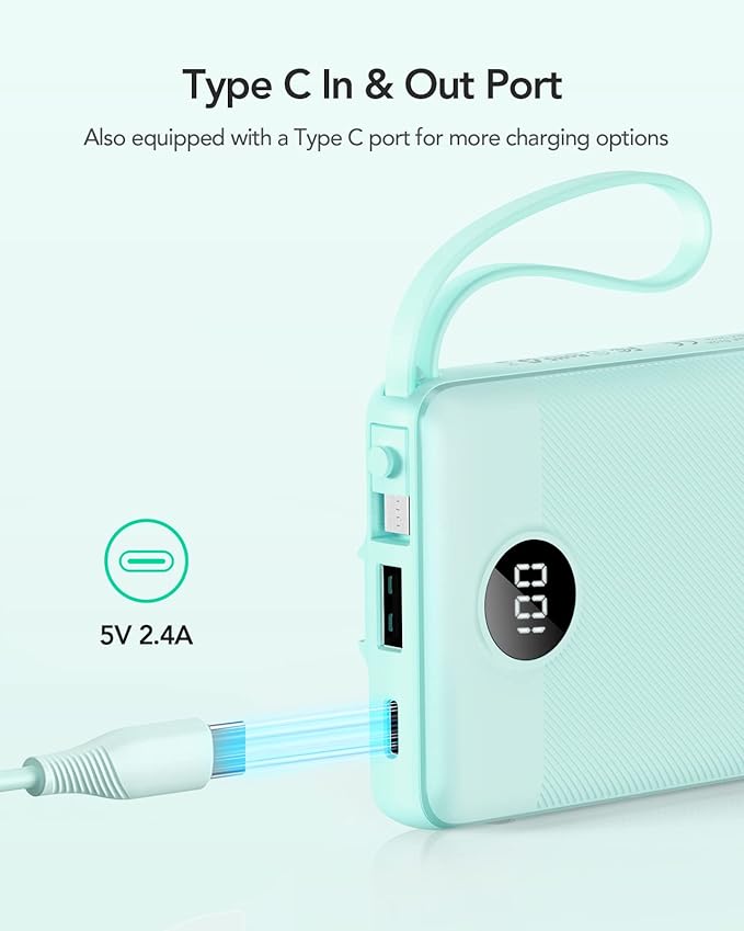 VRURC Portable Charger Power Bank, 10000mAh Travel Essentials Battery Pack, 5 Outputs 2 Inputs Slim Charging Bank Built-in Cables Cords Wires Compatible with iPhone,Samsung,Android-Green(1 Pack)