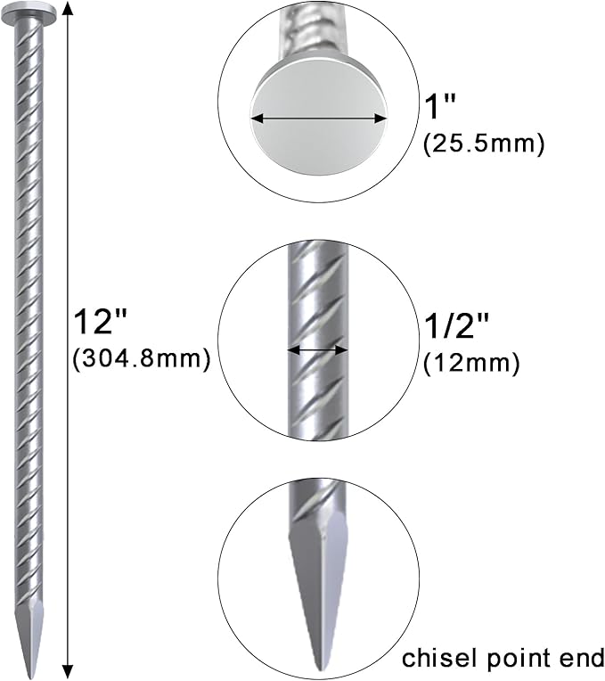 VVOKGO Rebar Stake 12 Inches Long 1/2 Inch Thickness Galvanized Cement Stakes Plant Support Garden Stakes, Metal Anchoring Landscape Spikes for Asphaltl, Caltrops Tire Spikes for Driveway(16Pcs)