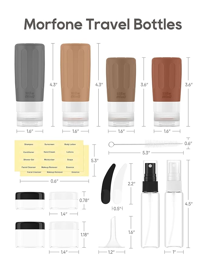 Morfone 16 Pack Silicone Travel Bottles Set for Toiletries TSA Approved Travel Containers Leakproof Squeezable Refillable Travel Accessories 2oz 3oz for Shampoo Conditioner Lotion Liquids (Brown)